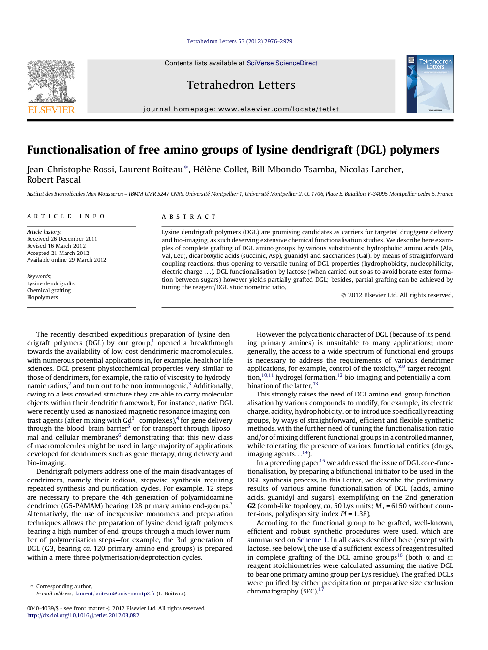 Functionalisation of free amino groups of lysine dendrigraft (DGL) polymers