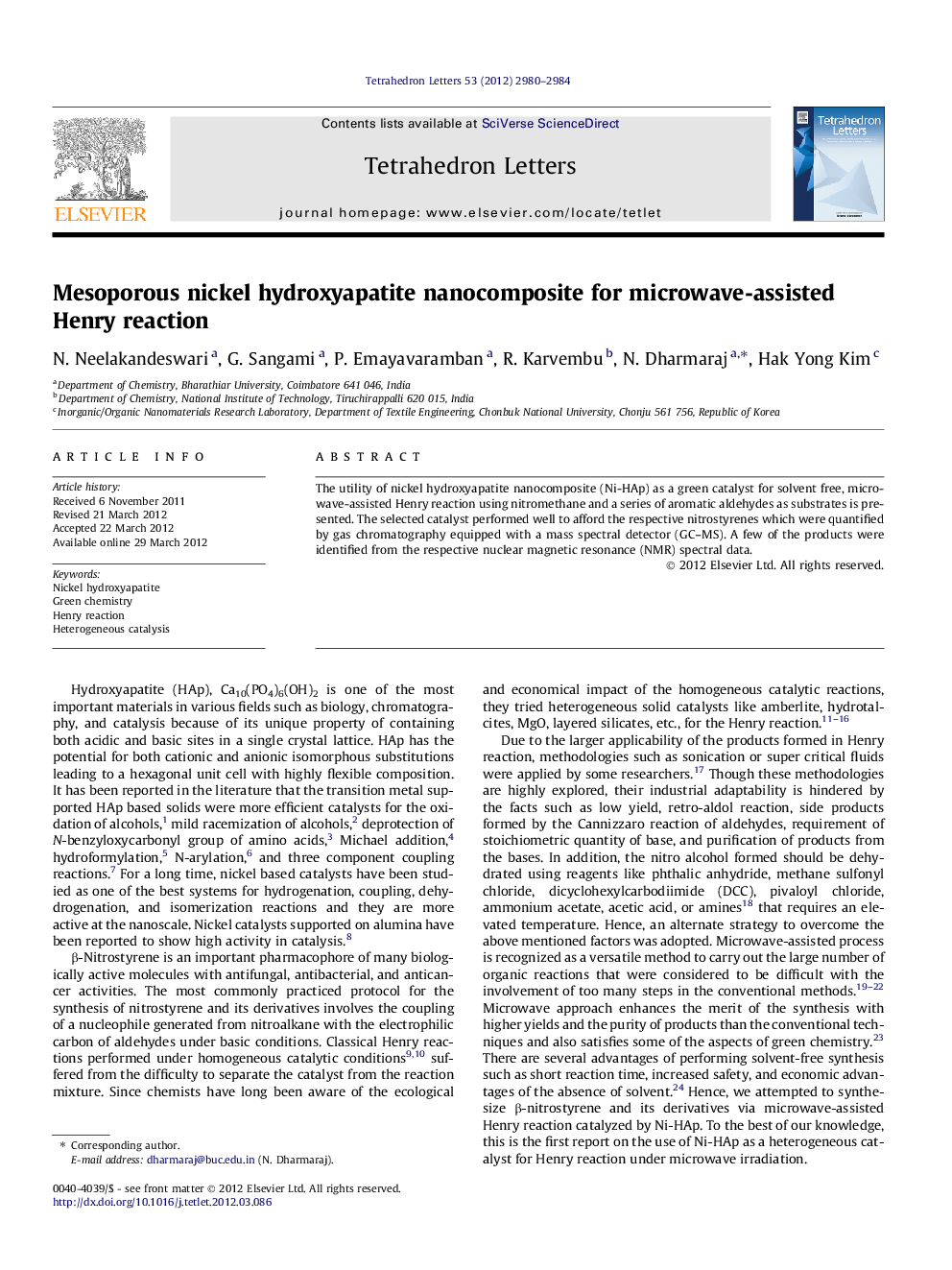 Mesoporous nickel hydroxyapatite nanocomposite for microwave-assisted Henry reaction