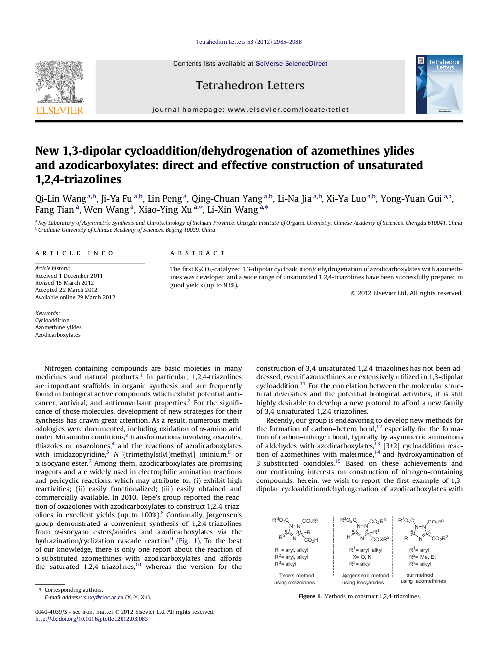 New 1,3-dipolar cycloaddition/dehydrogenation of azomethines ylides and azodicarboxylates: direct and effective construction of unsaturated 1,2,4-triazolines