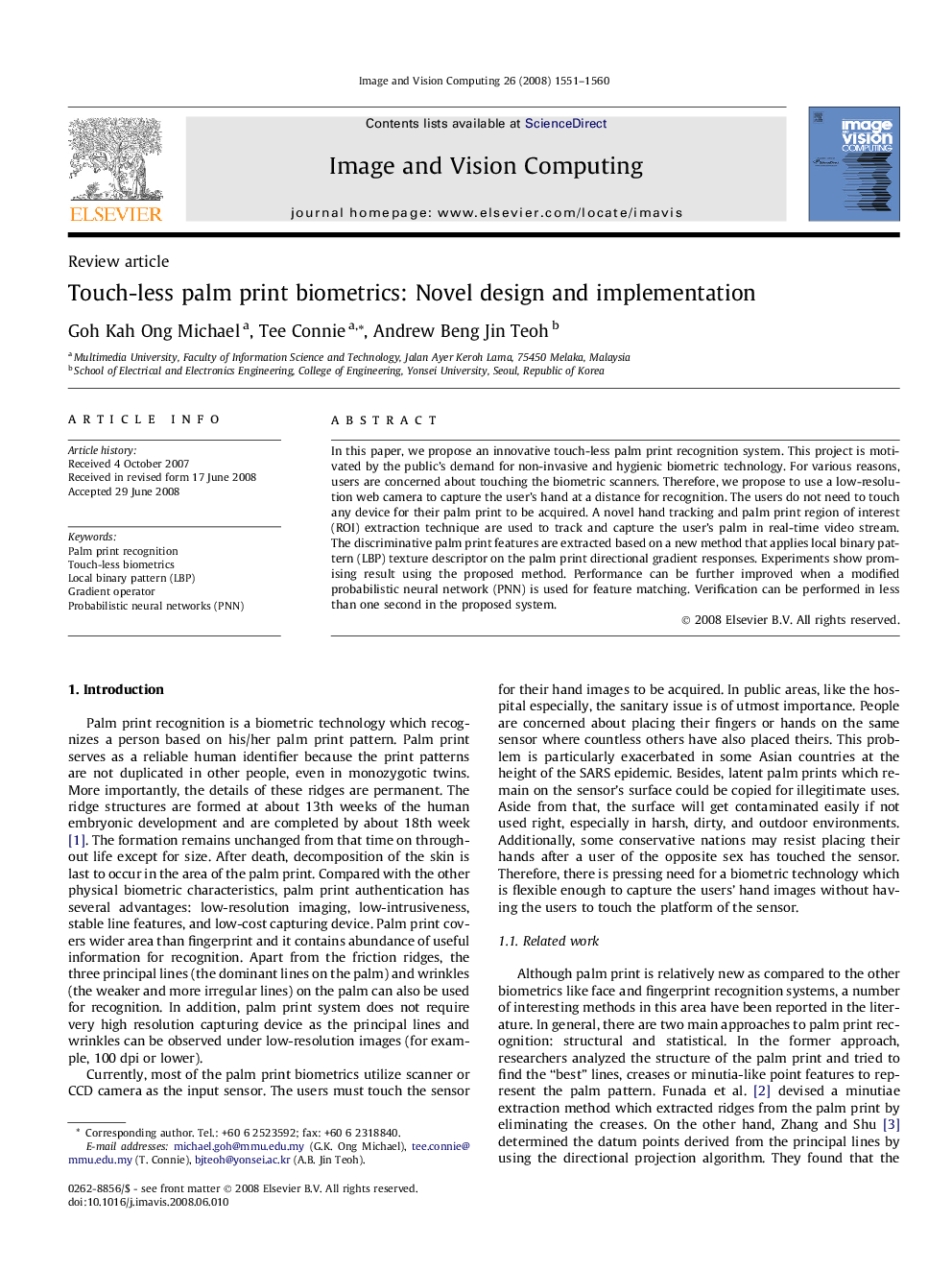 Touch-less palm print biometrics: Novel design and implementation