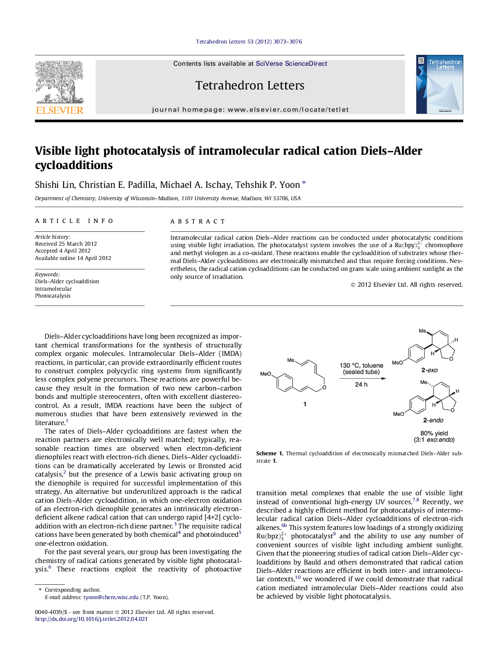 Visible light photocatalysis of intramolecular radical cation Diels-Alder cycloadditions