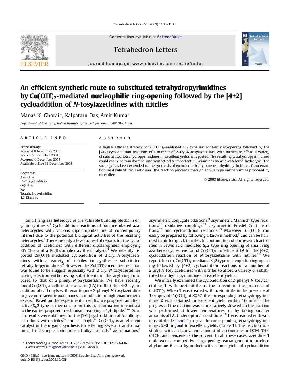 An efficient synthetic route to substituted tetrahydropyrimidines by Cu(OTf)2-mediated nucleophilic ring-opening followed by the [4+2] cycloaddition of N-tosylazetidines with nitriles