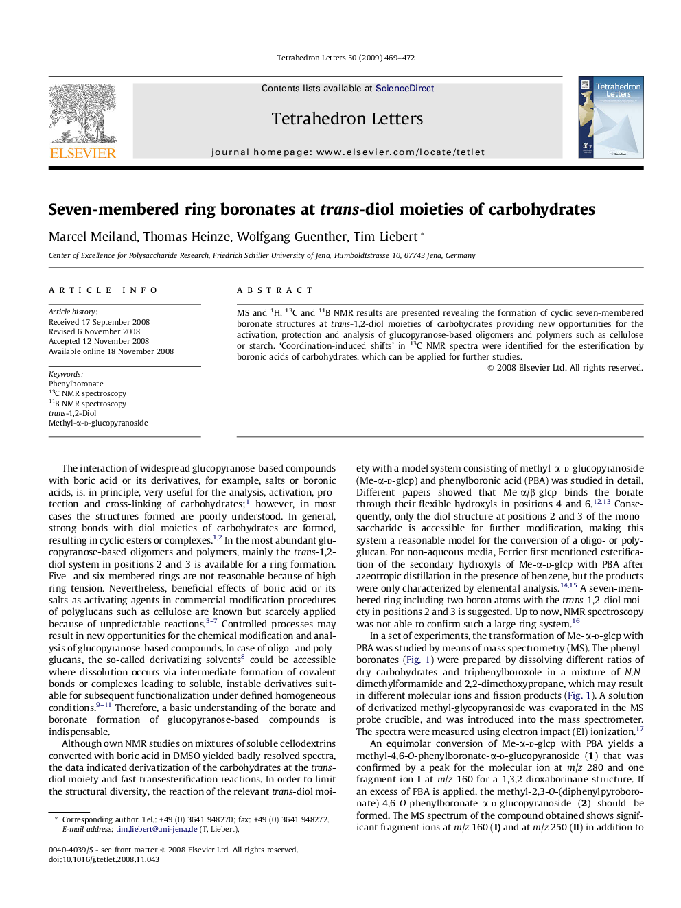 Seven-membered ring boronates at trans-diol moieties of carbohydrates