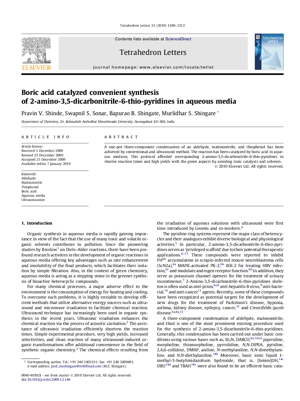 Boric acid catalyzed convenient synthesis of 2-amino-3,5-dicarbonitrile-6-thio-pyridines in aqueous media