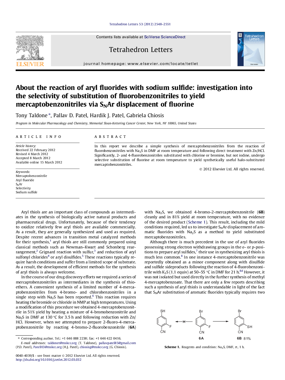 About the reaction of aryl fluorides with sodium sulfide: investigation into the selectivity of substitution of fluorobenzonitriles to yield mercaptobenzonitriles via SNAr displacement of fluorine