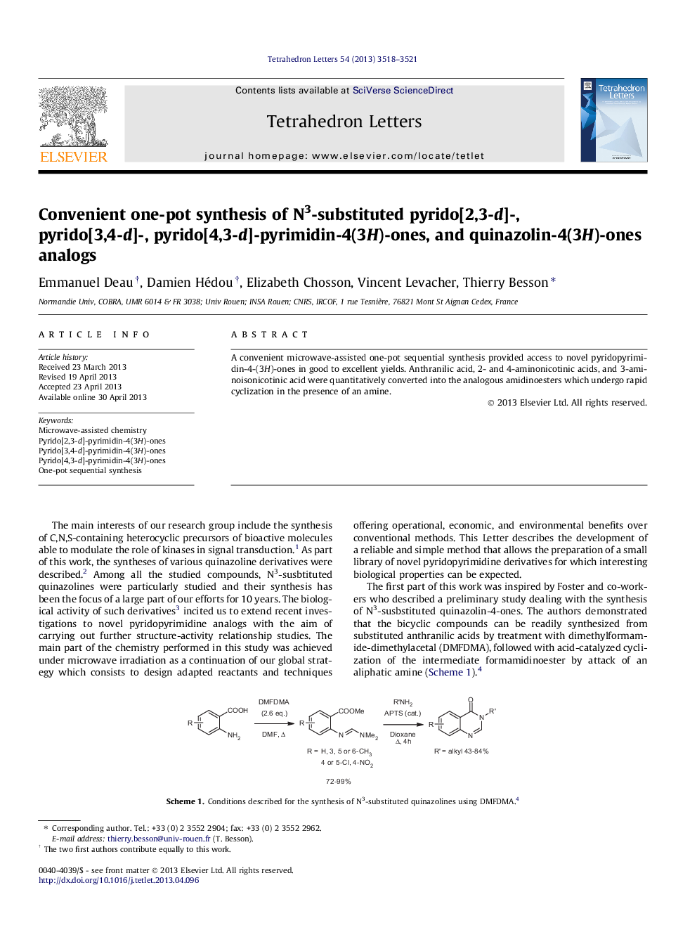 Convenient one-pot synthesis of N3-substituted pyrido[2,3-d]-, pyrido[3,4-d]-, pyrido[4,3-d]-pyrimidin-4(3H)-ones, and quinazolin-4(3H)-ones analogs