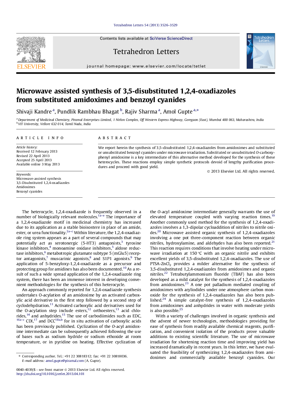 سنتز مایکروویو از سنتز های 1،2،4-اکسیدیاازول 3،5-دیسپتیک از آمیدوکسیام های جایگزین و بنزوئی سیانید 