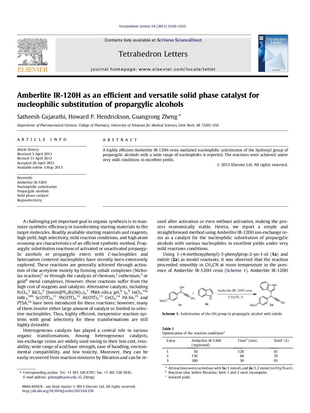 عکس صفحه اول مقاله: Amberlite IR-120H as an efficient and versatile solid phase catalyst for nucleophilic substitution of propargylic alcohols Amberlite IR-120H as an efficient and versatile solid phase catalyst for nucleophilic substitution of propargylic alcohols