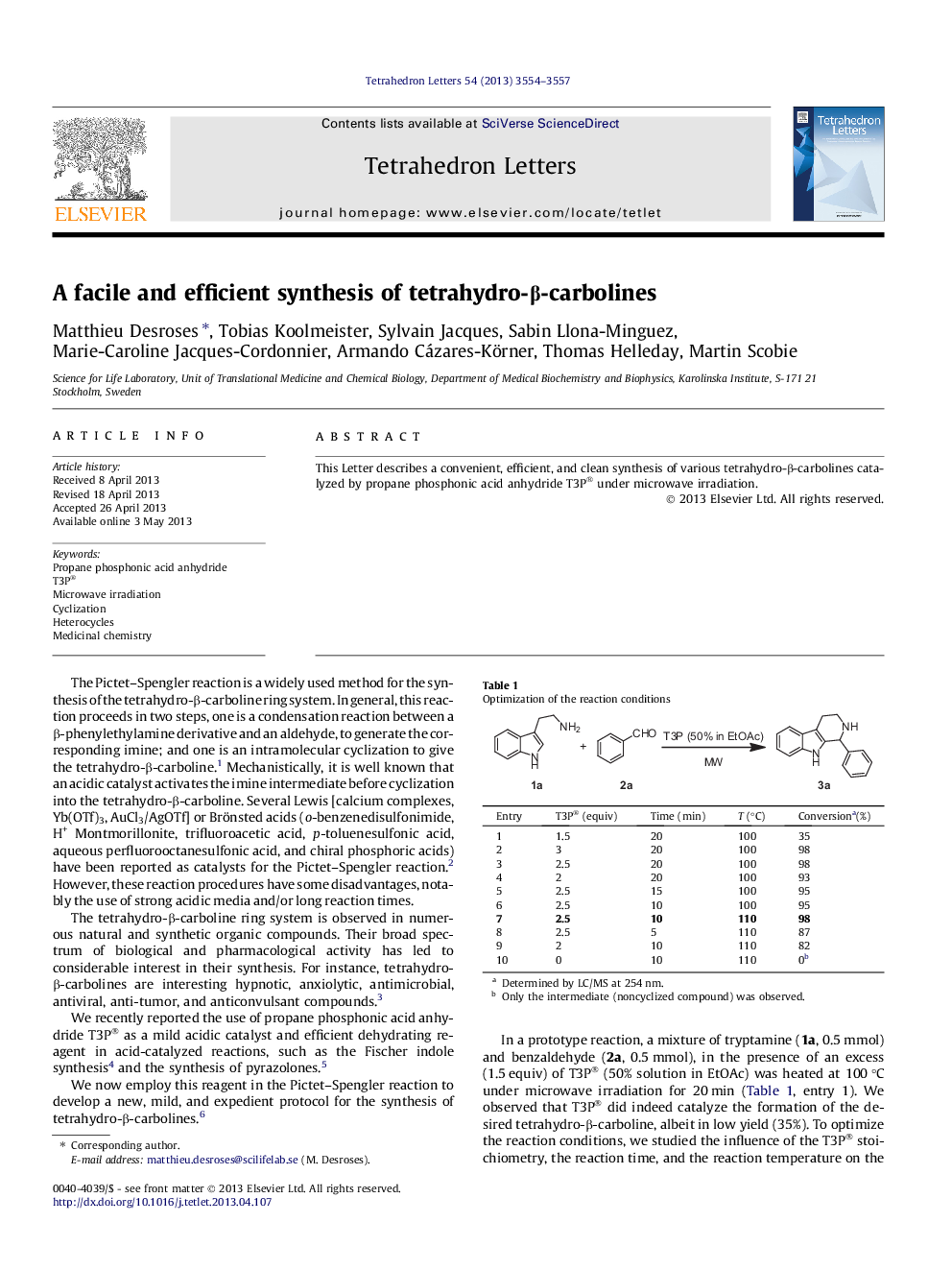 A facile and efficient synthesis of tetrahydro-Î²-carbolines