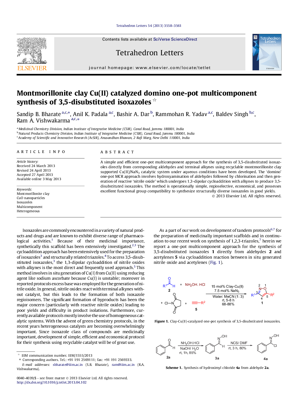 Montmorillonite clay Cu(II) catalyzed domino one-pot multicomponent synthesis of 3,5-disubstituted isoxazoles