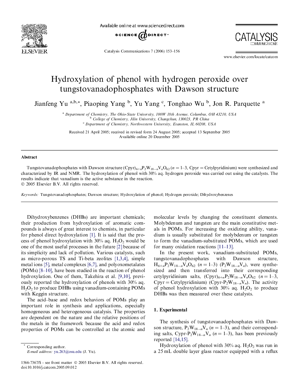 Hydroxylation of phenol with hydrogen peroxide over tungstovanadophosphates with Dawson structure