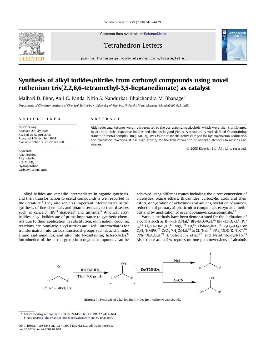 Synthesis of alkyl iodides/nitriles from carbonyl compounds using novel ruthenium tris(2,2,6,6-tetramethyl-3,5-heptanedionate) as catalyst