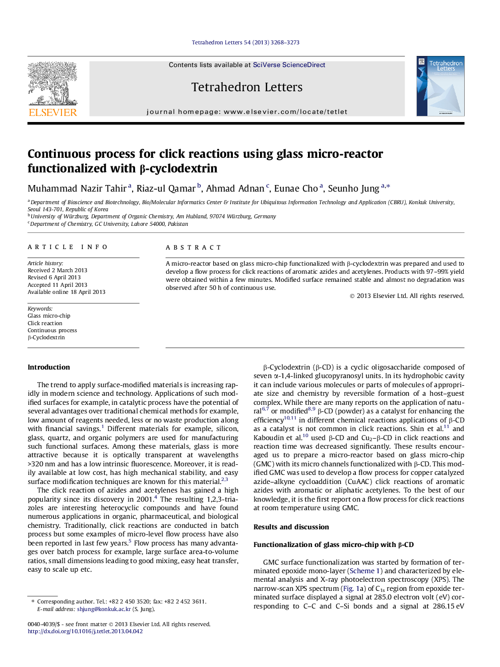 Continuous process for click reactions using glass micro-reactor functionalized with Î²-cyclodextrin