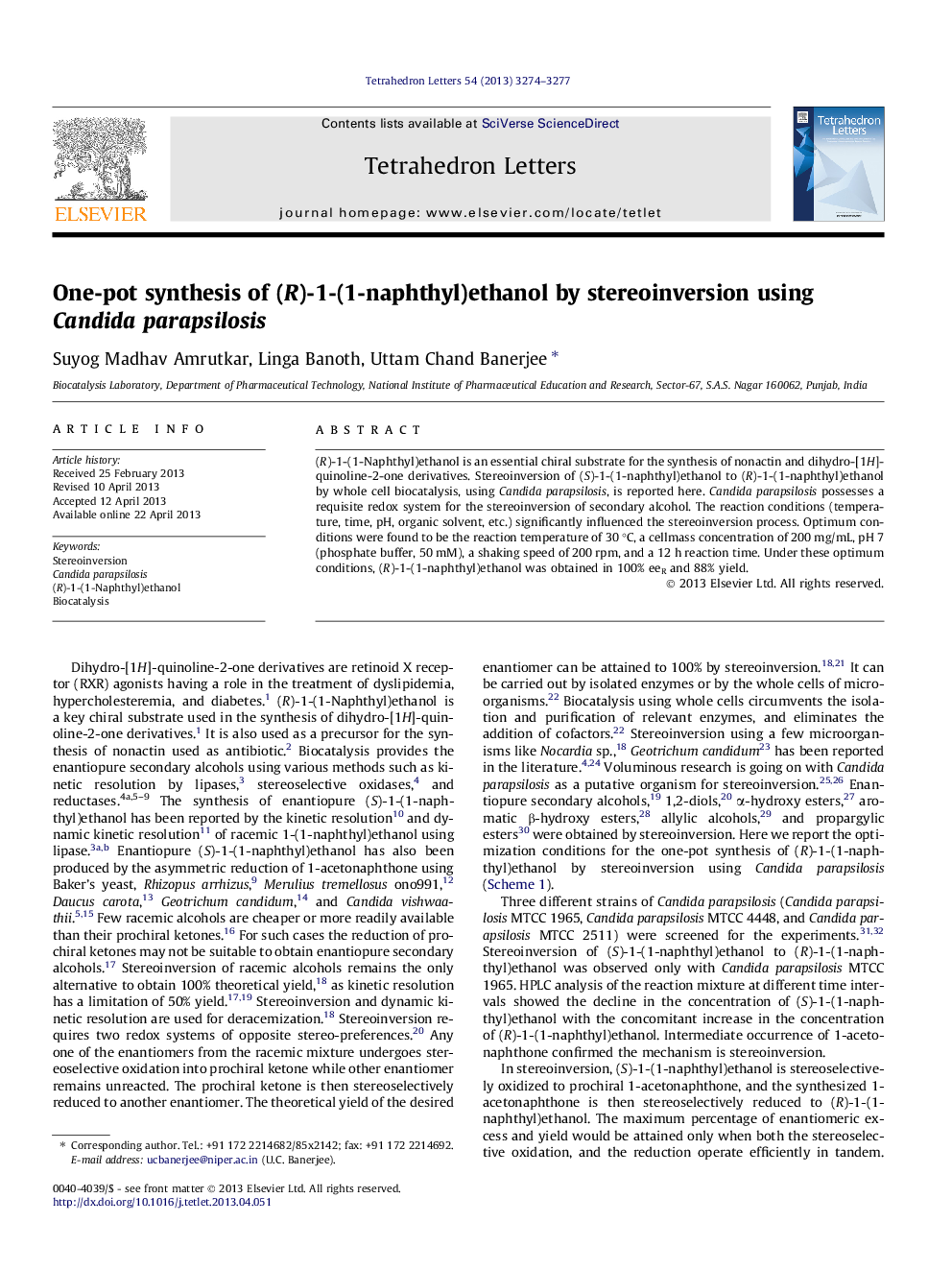 One-pot synthesis of (R)-1-(1-naphthyl)ethanol by stereoinversion using Candida parapsilosis