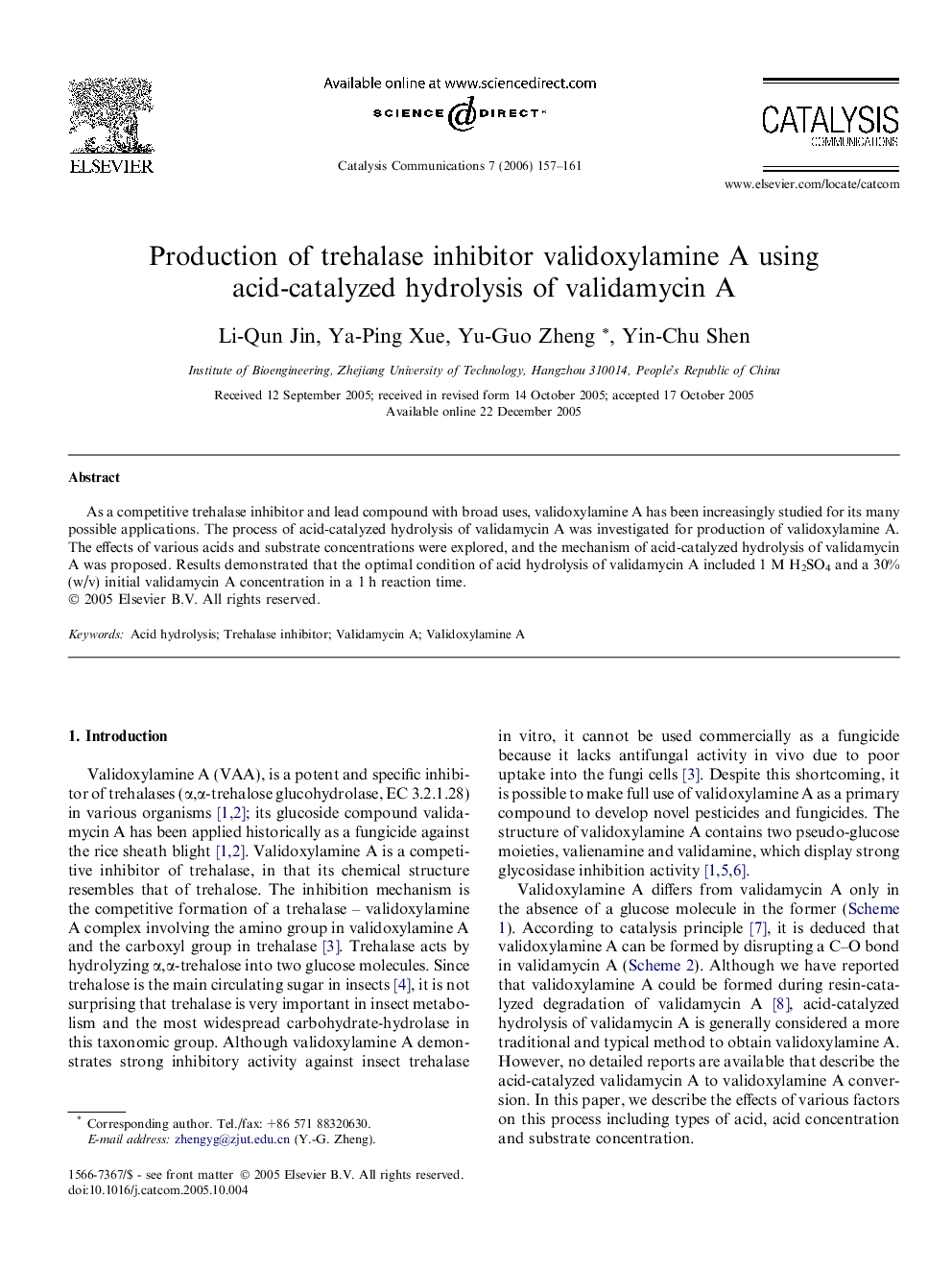 Production of trehalase inhibitor validoxylamine A using acid-catalyzed hydrolysis of validamycin A