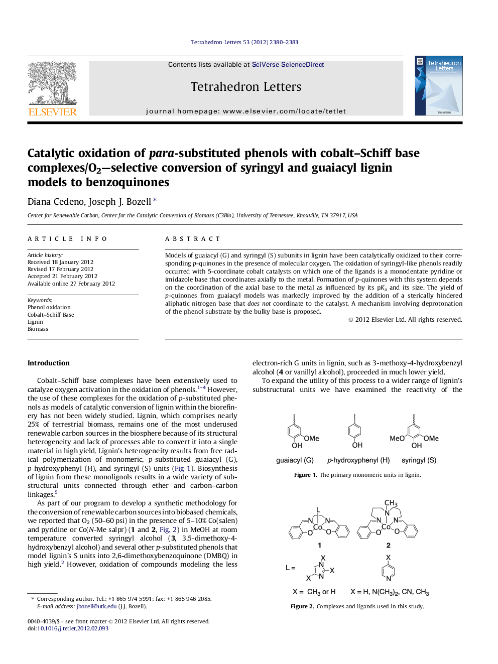 Catalytic oxidation of para-substituted phenols with cobalt-Schiff base complexes/O2-selective conversion of syringyl and guaiacyl lignin models to benzoquinones