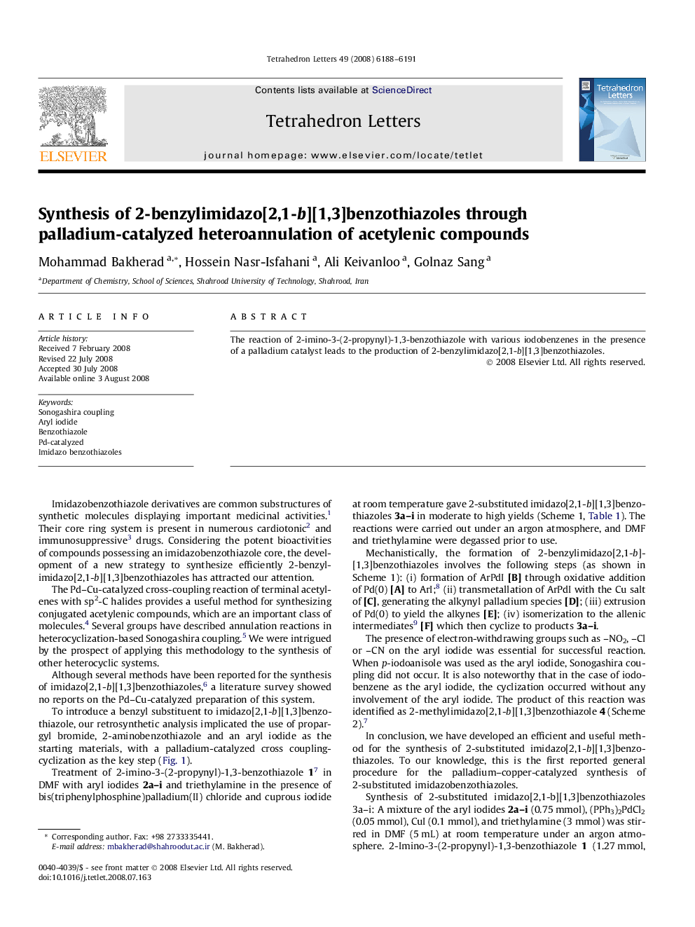 Synthesis of 2-benzylimidazo[2,1-b][1,3]benzothiazoles through palladium-catalyzed heteroannulation of acetylenic compounds