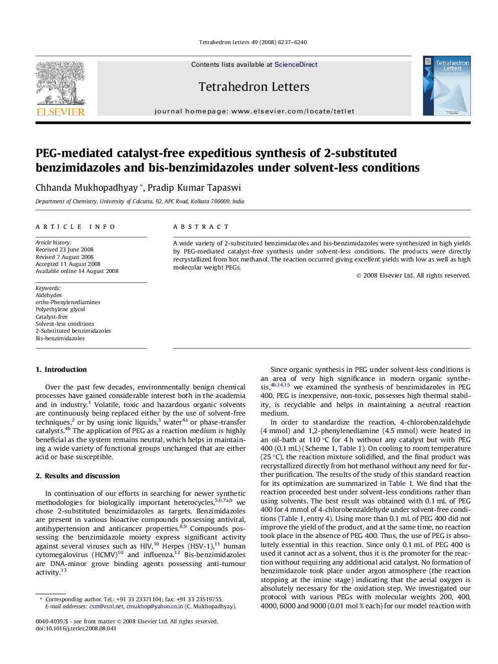 عکس صفحه اول مقاله: PEG-mediated catalyst-free expeditious synthesis of 2-substituted benzimidazoles and bis-benzimidazoles under solvent-less conditions PEG-mediated catalyst-free expeditious synthesis of 2-substituted benzimidazoles and bis-benzimidazoles under solvent-less conditions