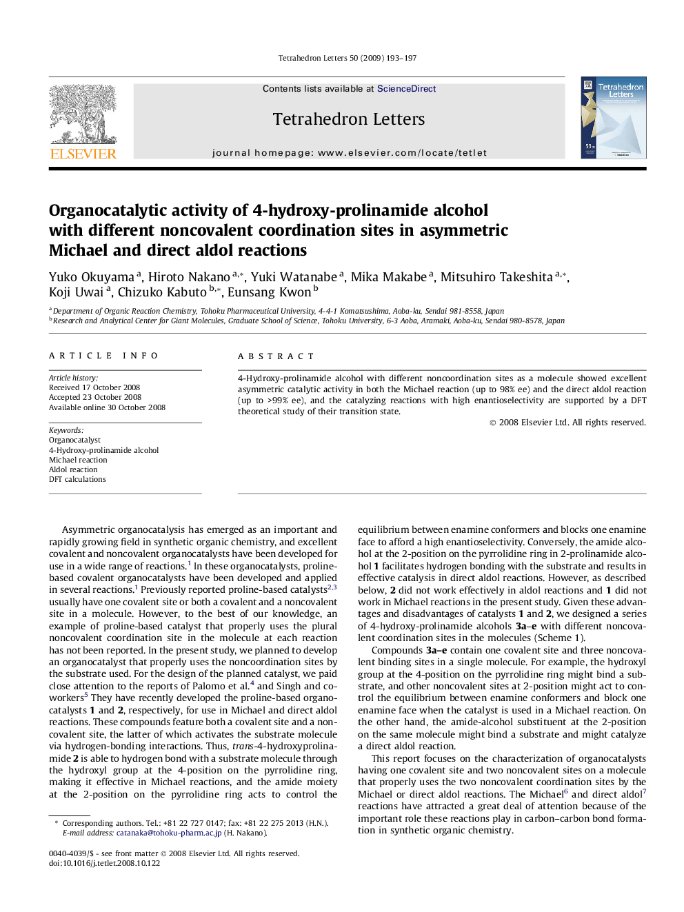 Organocatalytic activity of 4-hydroxy-prolinamide alcohol with different noncovalent coordination sites in asymmetric Michael and direct aldol reactions