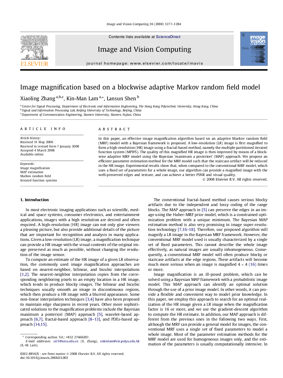 Image magnification based on a blockwise adaptive Markov random field model