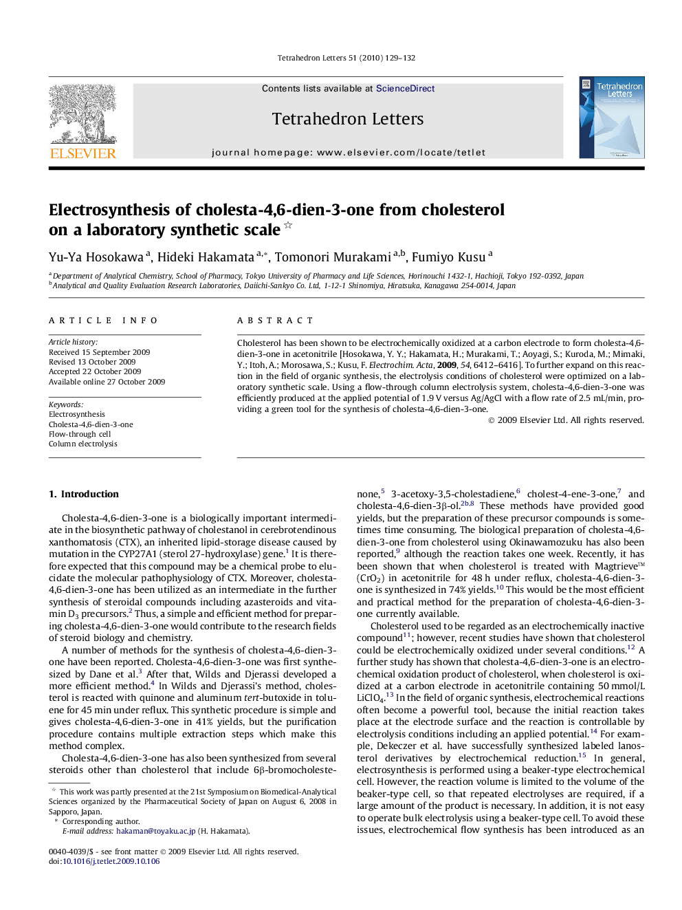 Electrosynthesis of cholesta-4,6-dien-3-one from cholesterol on a laboratory synthetic scale