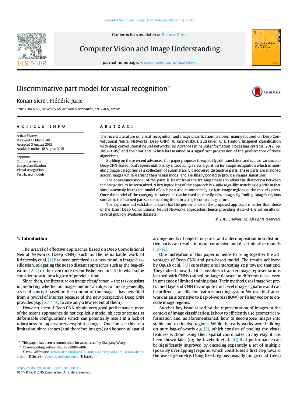 Discriminative part model for visual recognition 