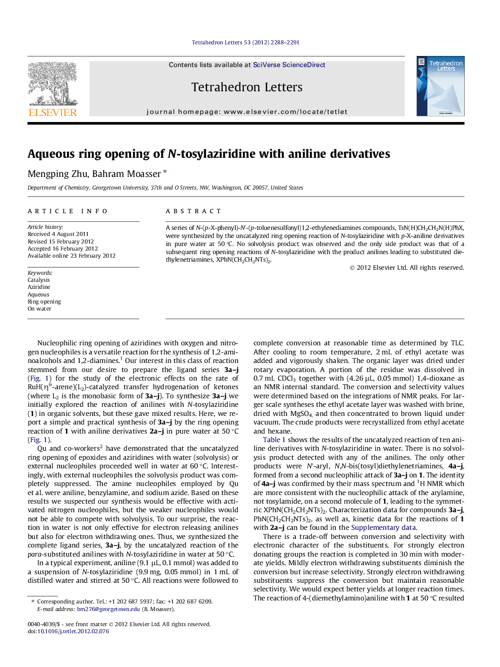 Aqueous ring opening of N-tosylaziridine with aniline derivatives