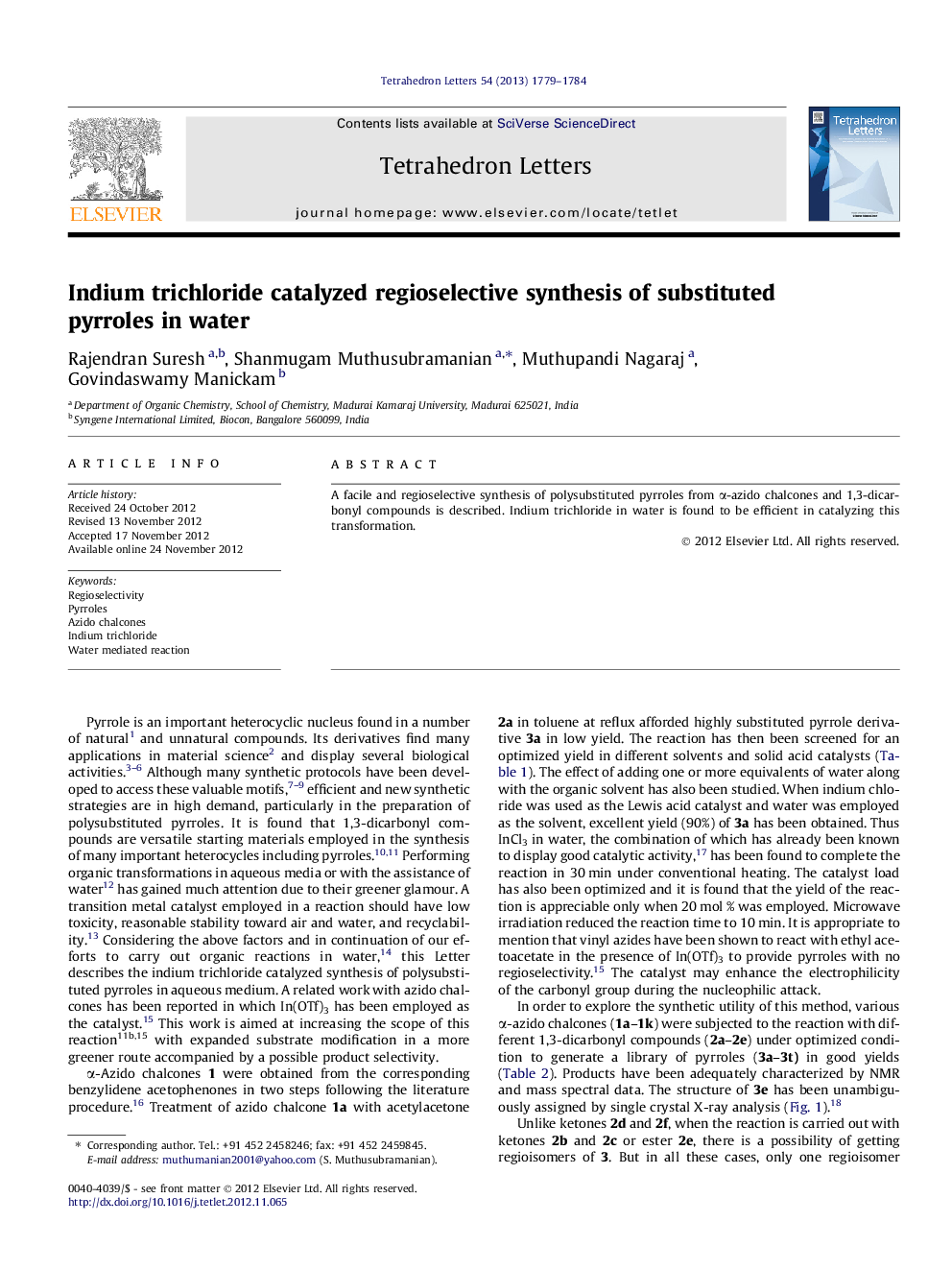 Indium trichloride catalyzed regioselective synthesis of substituted pyrroles in water