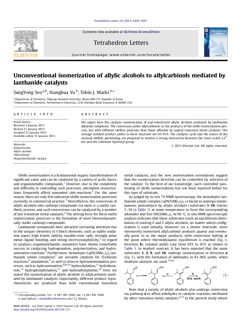 Unconventional isomerization of allylic alcohols to allylcarbinols mediated by lanthanide catalysts