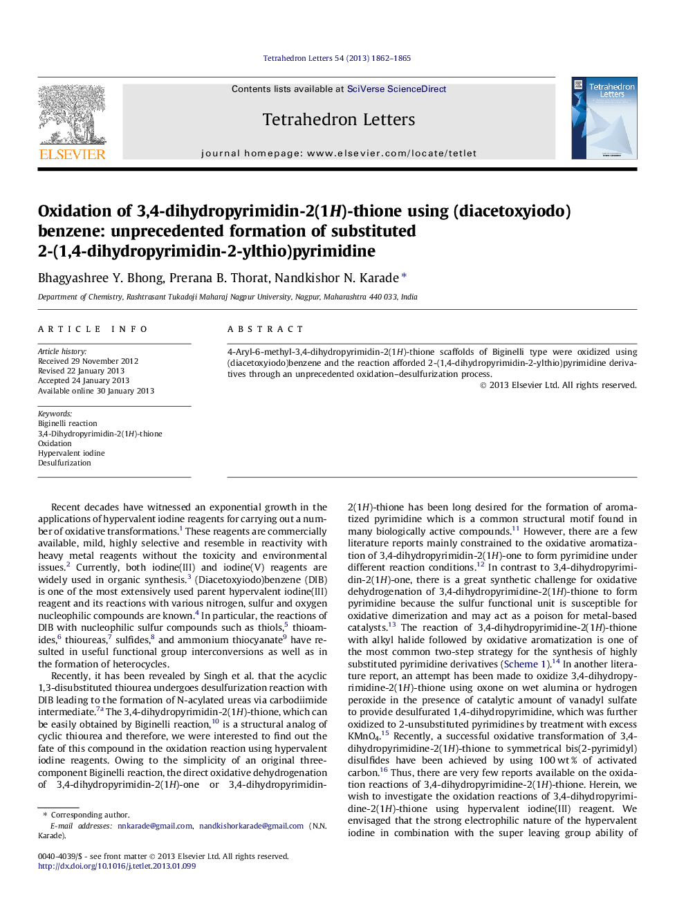 Oxidation of 3,4-dihydropyrimidin-2(1H)-thione using (diacetoxyiodo)benzene: unprecedented formation of substituted 2-(1,4-dihydropyrimidin-2-ylthio)pyrimidine