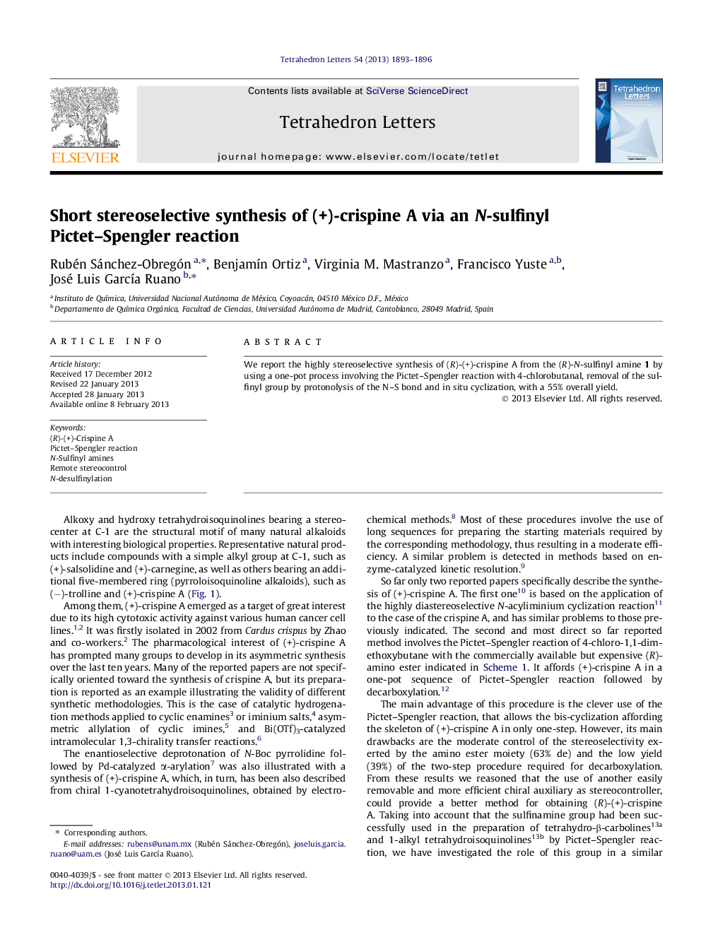 عکس صفحه اول مقاله: Short stereoselective synthesis of (+)-crispine A via an N-sulfinyl Pictet-Spengler reaction Short stereoselective synthesis of (+)-crispine A via an N-sulfinyl Pictet-Spengler reaction