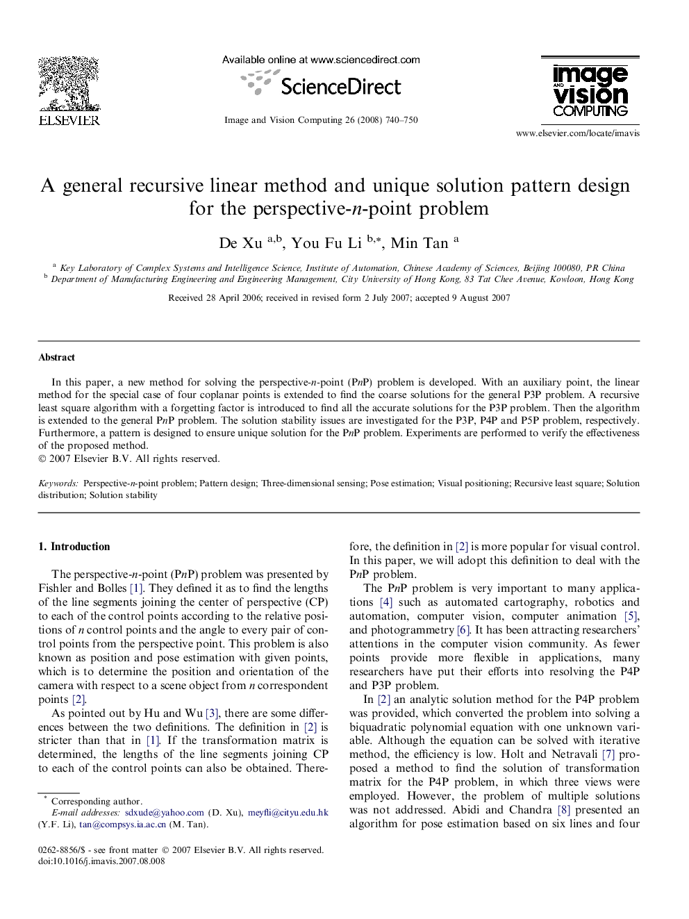 A general recursive linear method and unique solution pattern design for the perspective-n-point problem