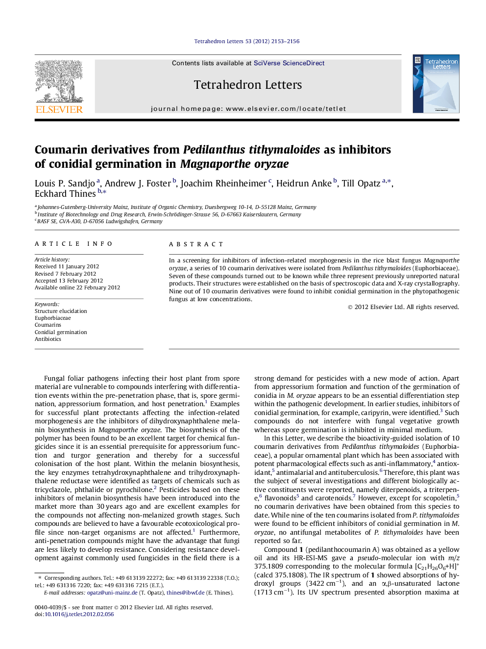 Coumarin derivatives from Pedilanthus tithymaloides as inhibitors of conidial germination in Magnaporthe oryzae