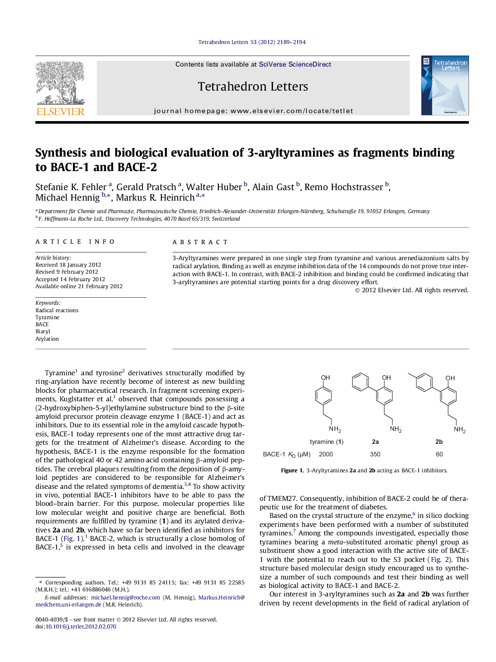 Synthesis and biological evaluation of 3-aryltyramines as fragments binding to BACE-1 and BACE-2