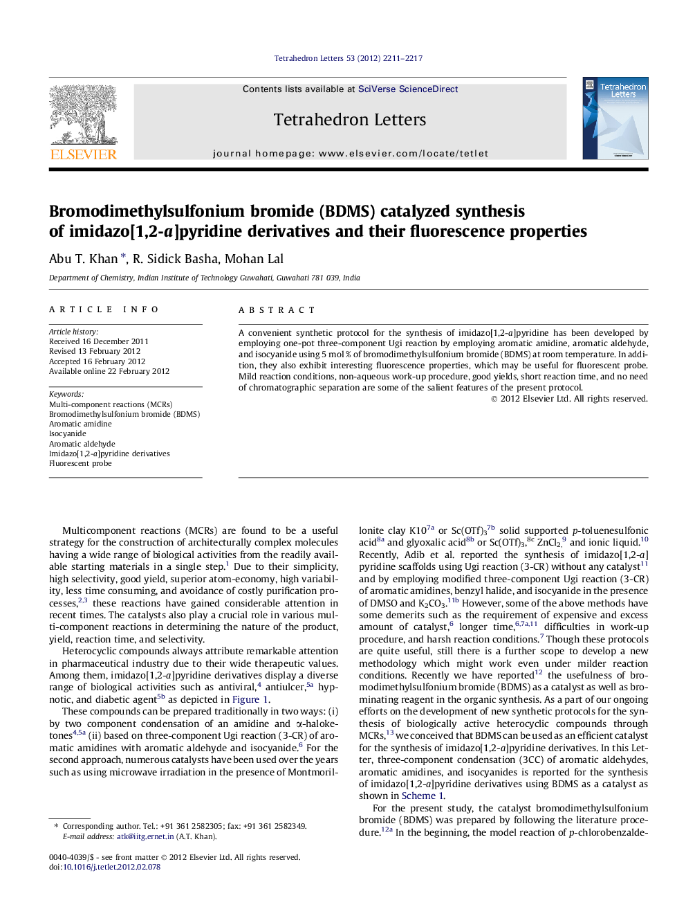 Bromodimethylsulfonium bromide (BDMS) catalyzed synthesis of imidazo[1,2-a]pyridine derivatives and their fluorescence properties