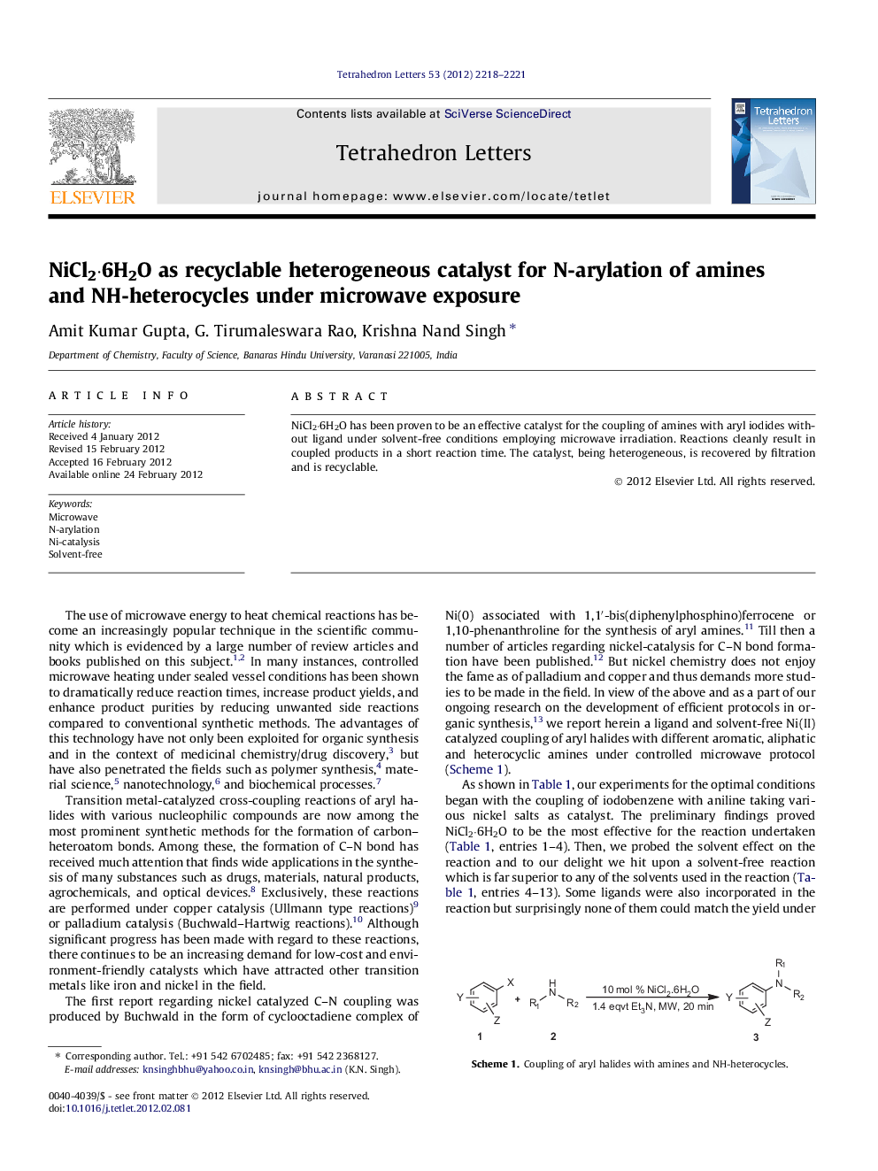 NiCl2Â·6H2O as recyclable heterogeneous catalyst for N-arylation of amines and NH-heterocycles under microwave exposure