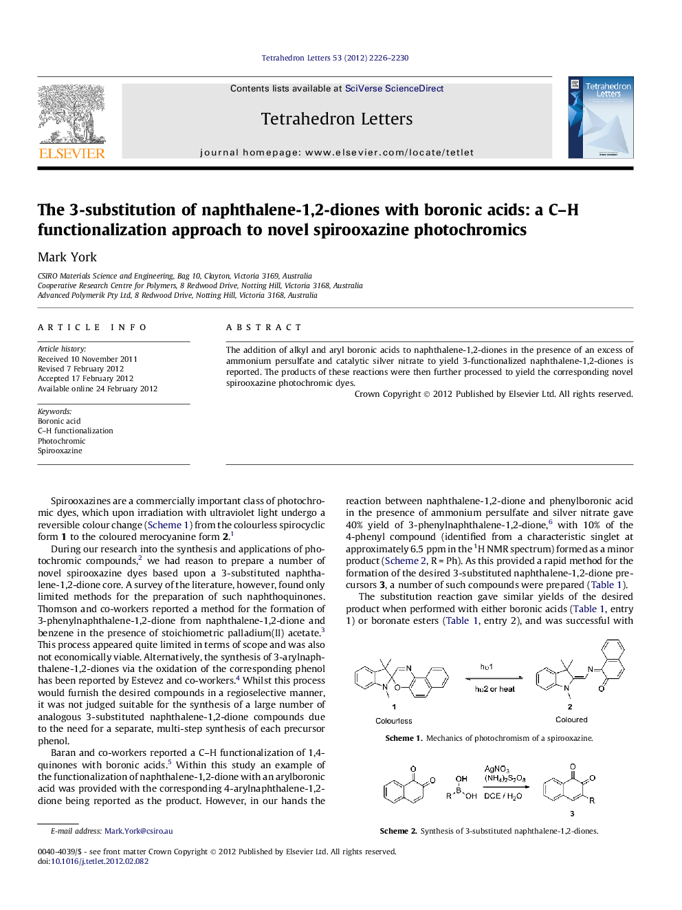 عکس صفحه اول مقاله: The 3-substitution of naphthalene-1,2-diones with boronic acids: a C–H functionalization approach to novel spirooxazine photochromics The 3-substitution of naphthalene-1,2-diones with boronic acids: a C–H functionalization approach to novel spirooxazine photochromics