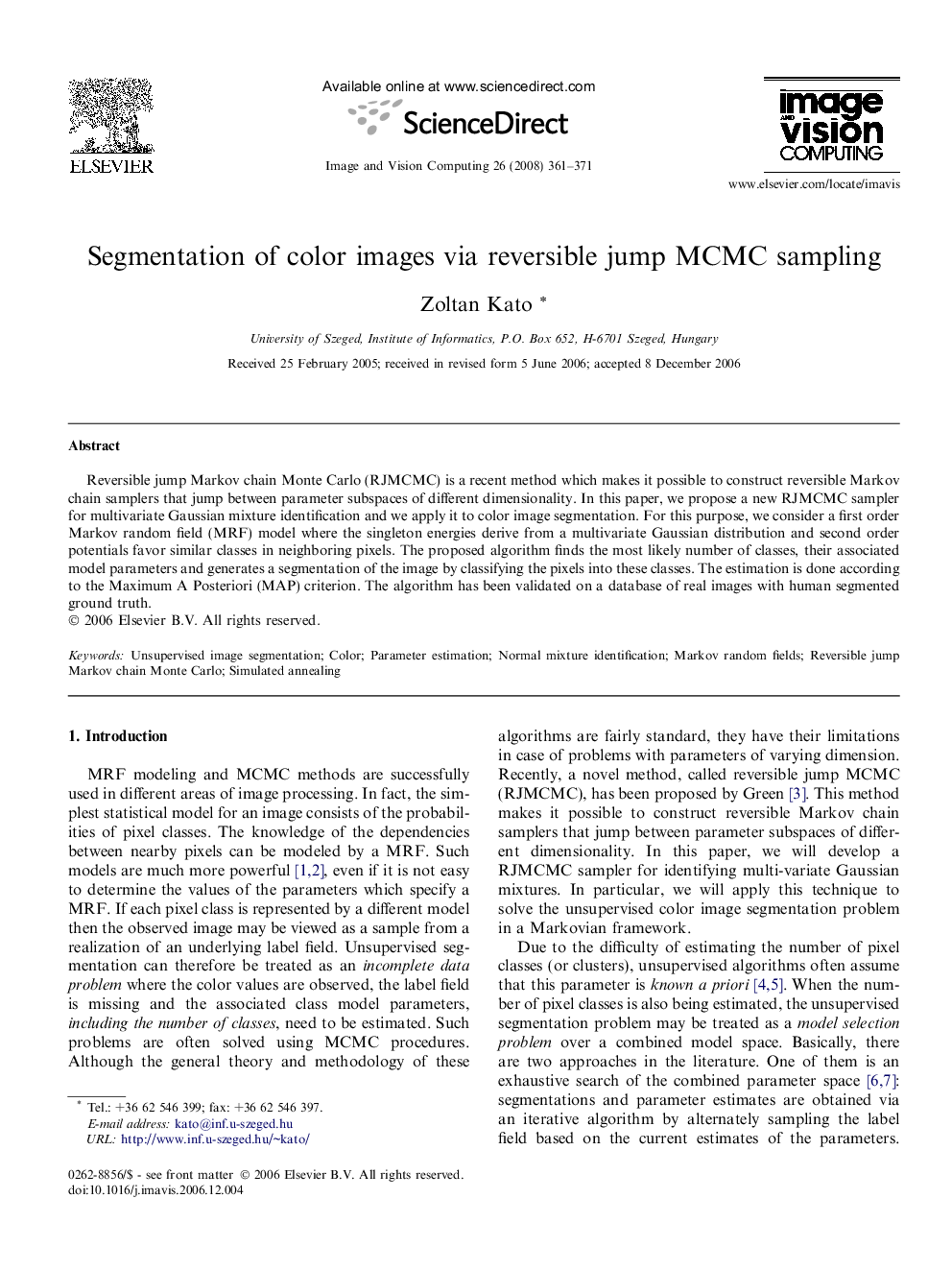 Segmentation of color images via reversible jump MCMC sampling