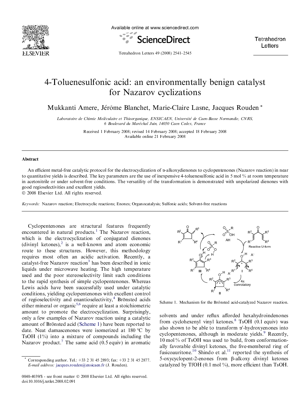 4-Toluenesulfonic acid: an environmentally benign catalyst for Nazarov cyclizations