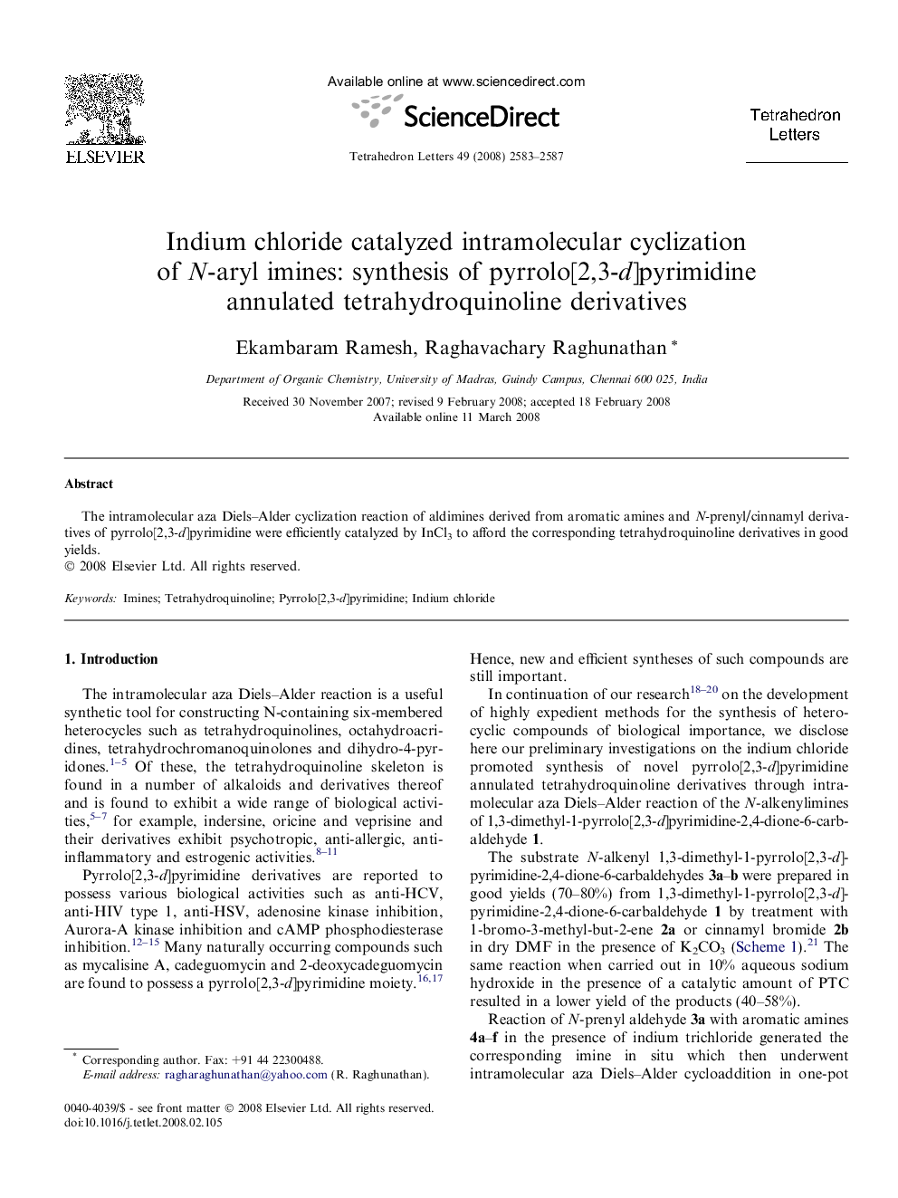 Indium chloride catalyzed intramolecular cyclization of N-aryl imines: synthesis of pyrrolo[2,3-d]pyrimidine annulated tetrahydroquinoline derivatives