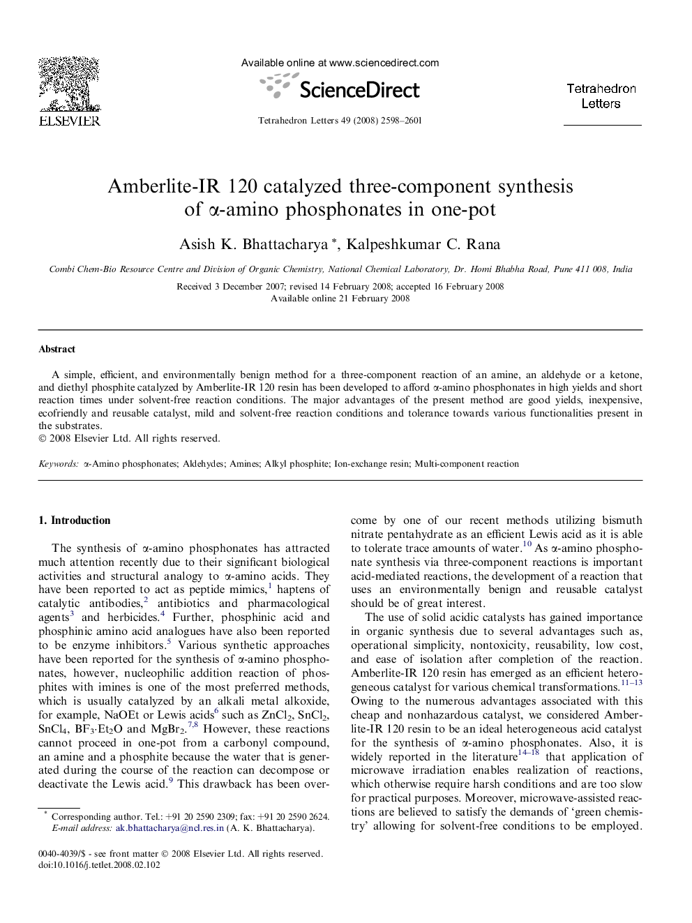 Amberlite-IR 120 catalyzed three-component synthesis of Î±-amino phosphonates in one-pot