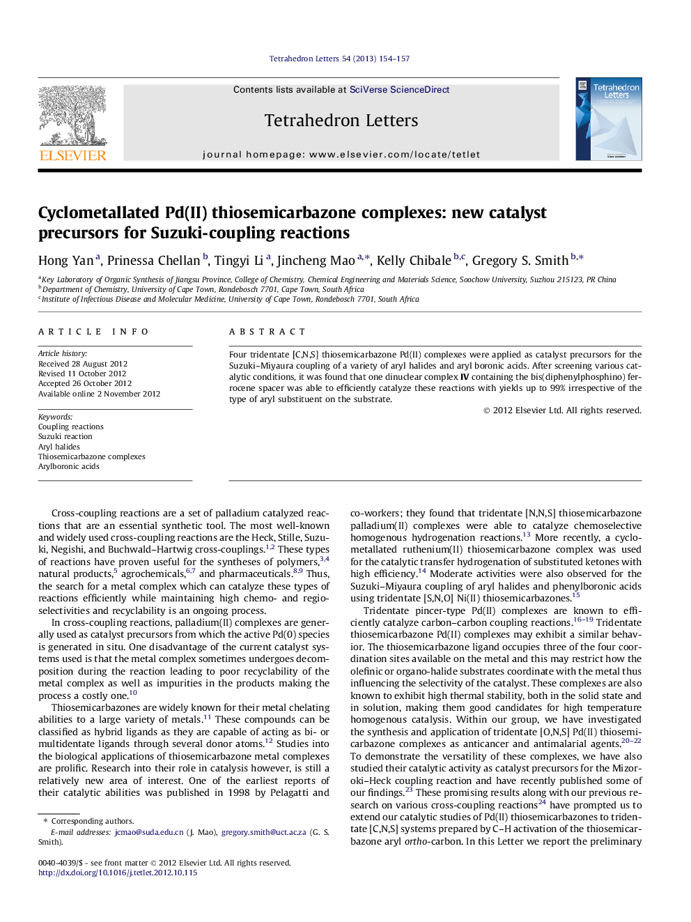 Cyclometallated Pd(II) thiosemicarbazone complexes: new catalyst precursors for Suzuki-coupling reactions