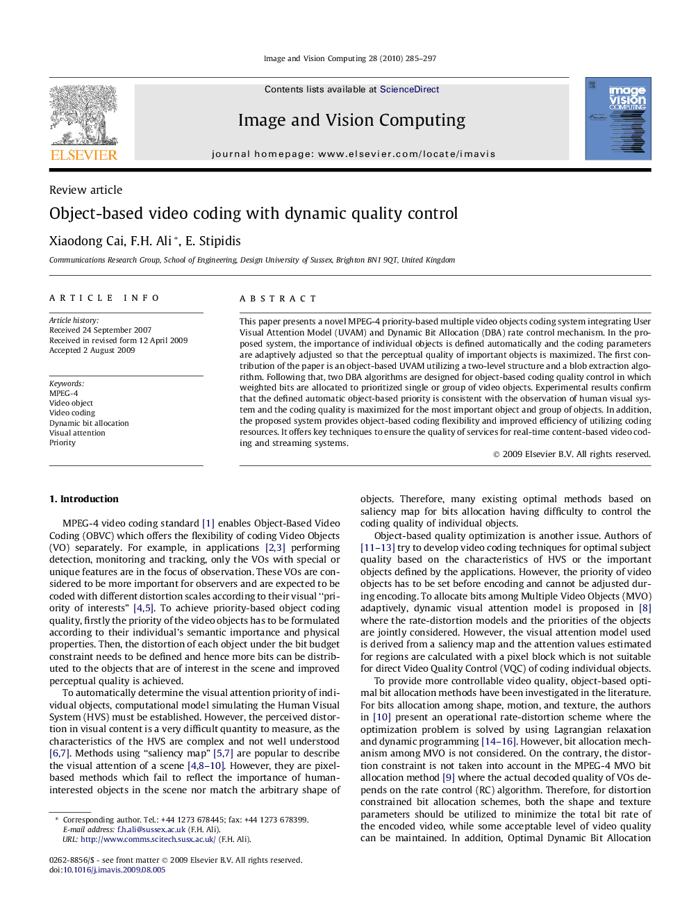 Object-based video coding with dynamic quality control