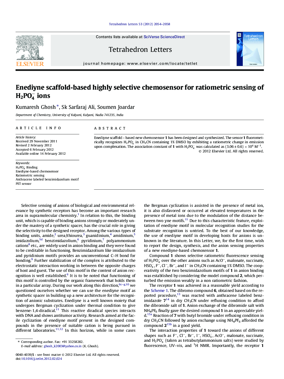 Enediyne scaffold-based highly selective chemosensor for ratiometric sensing of H2PO4- ions