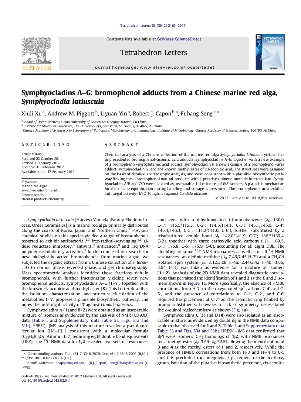 Symphyocladins A–G: bromophenol adducts from a Chinese marine red alga, Symphyocladia latiuscula