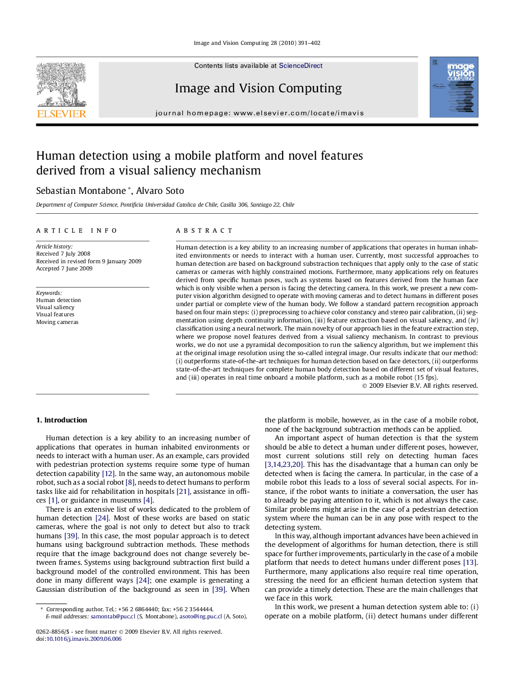 Human detection using a mobile platform and novel features derived from a visual saliency mechanism