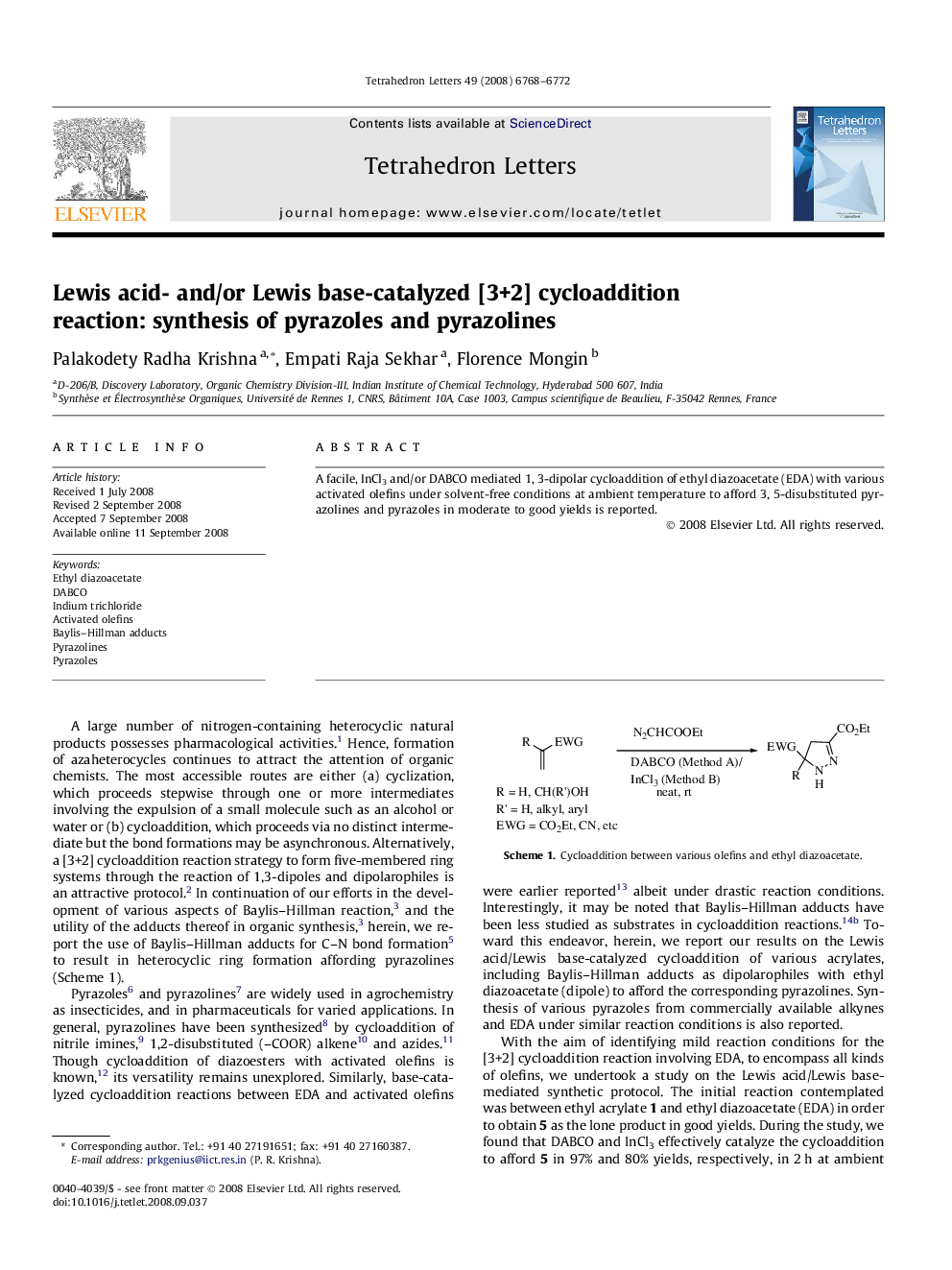 Lewis acid- and/or Lewis base-catalyzed [3+2] cycloaddition reaction: synthesis of pyrazoles and pyrazolines
