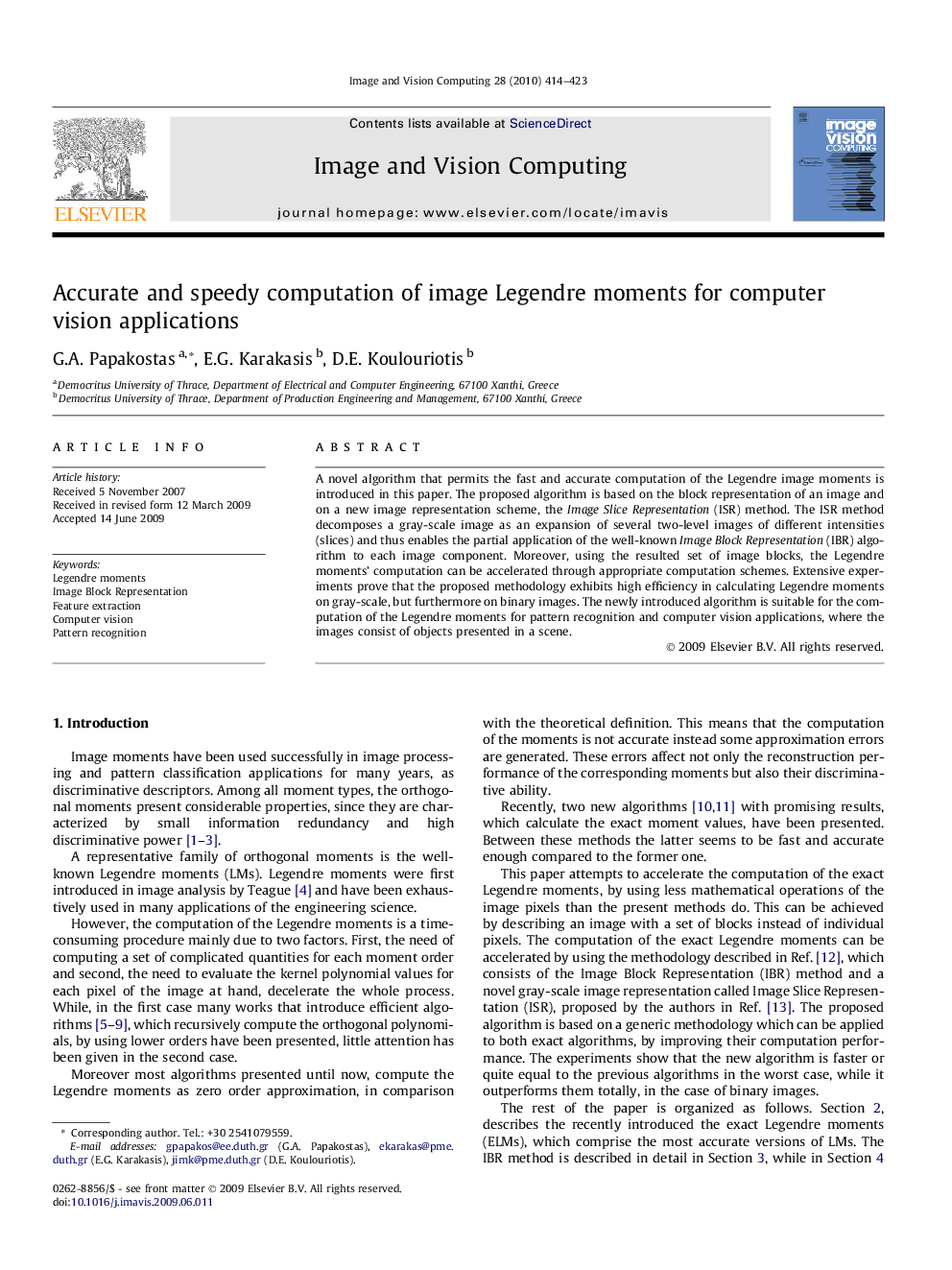 Accurate and speedy computation of image Legendre moments for computer vision applications