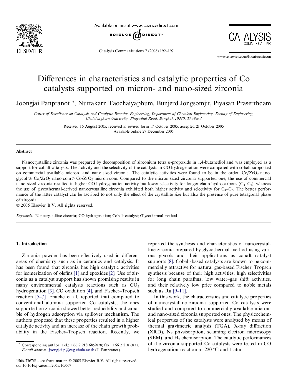 Differences in characteristics and catalytic properties of Co catalysts supported on micron- and nano-sized zirconia