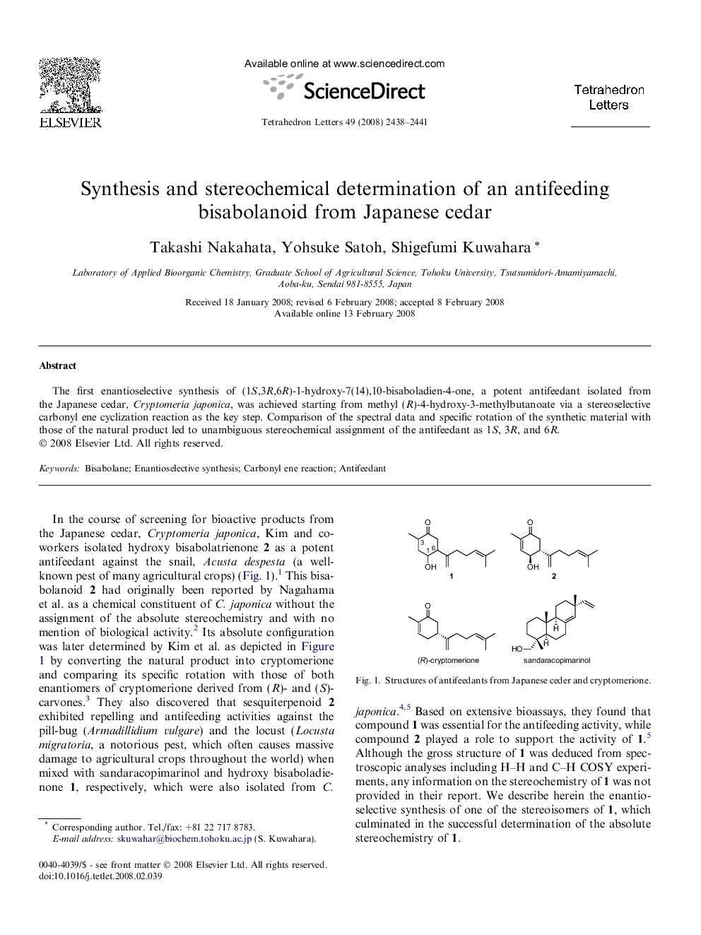 Synthesis and stereochemical determination of an antifeeding bisabolanoid from Japanese cedar